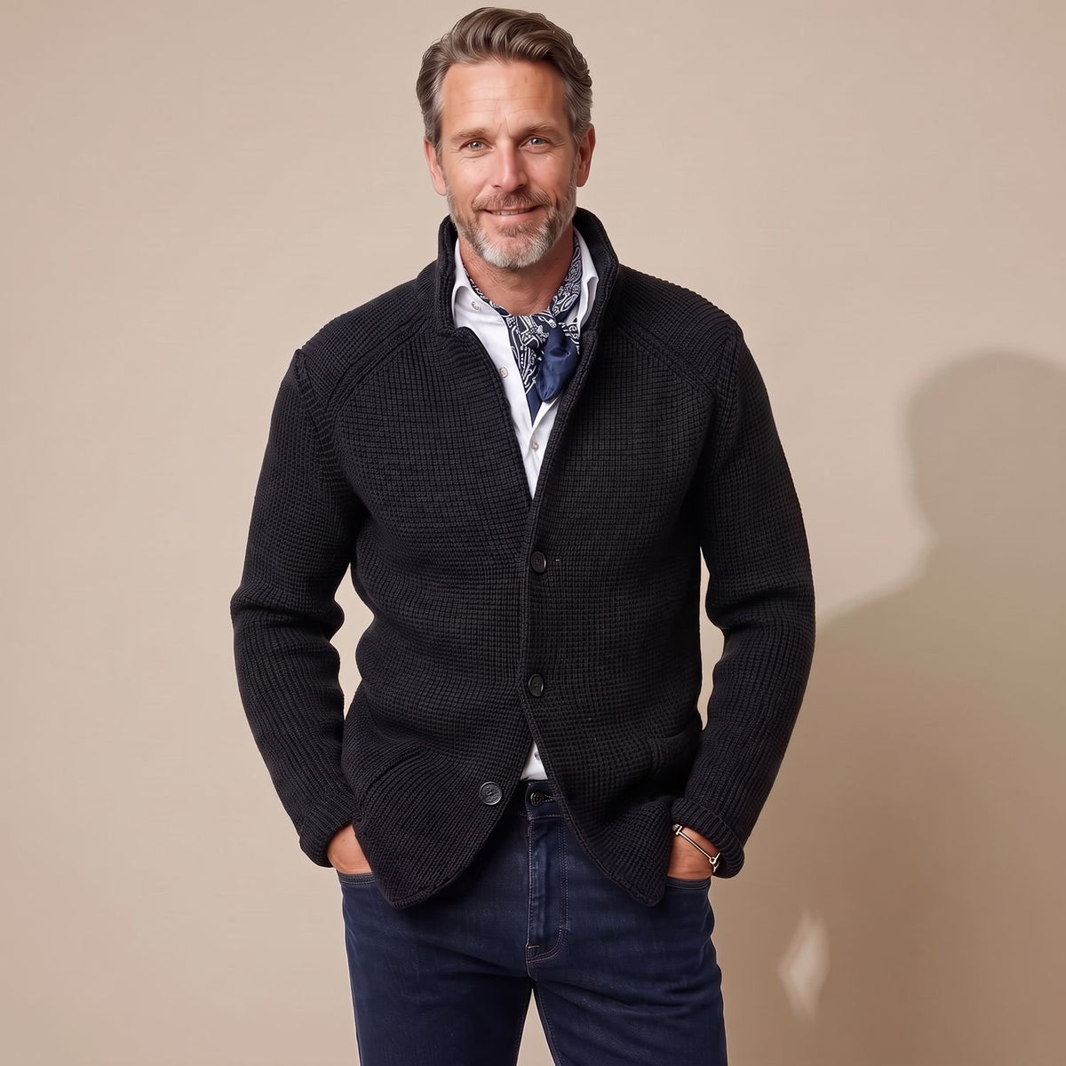 Men's Stand-Collar Button-Front Knit Cardigan, Black - Black