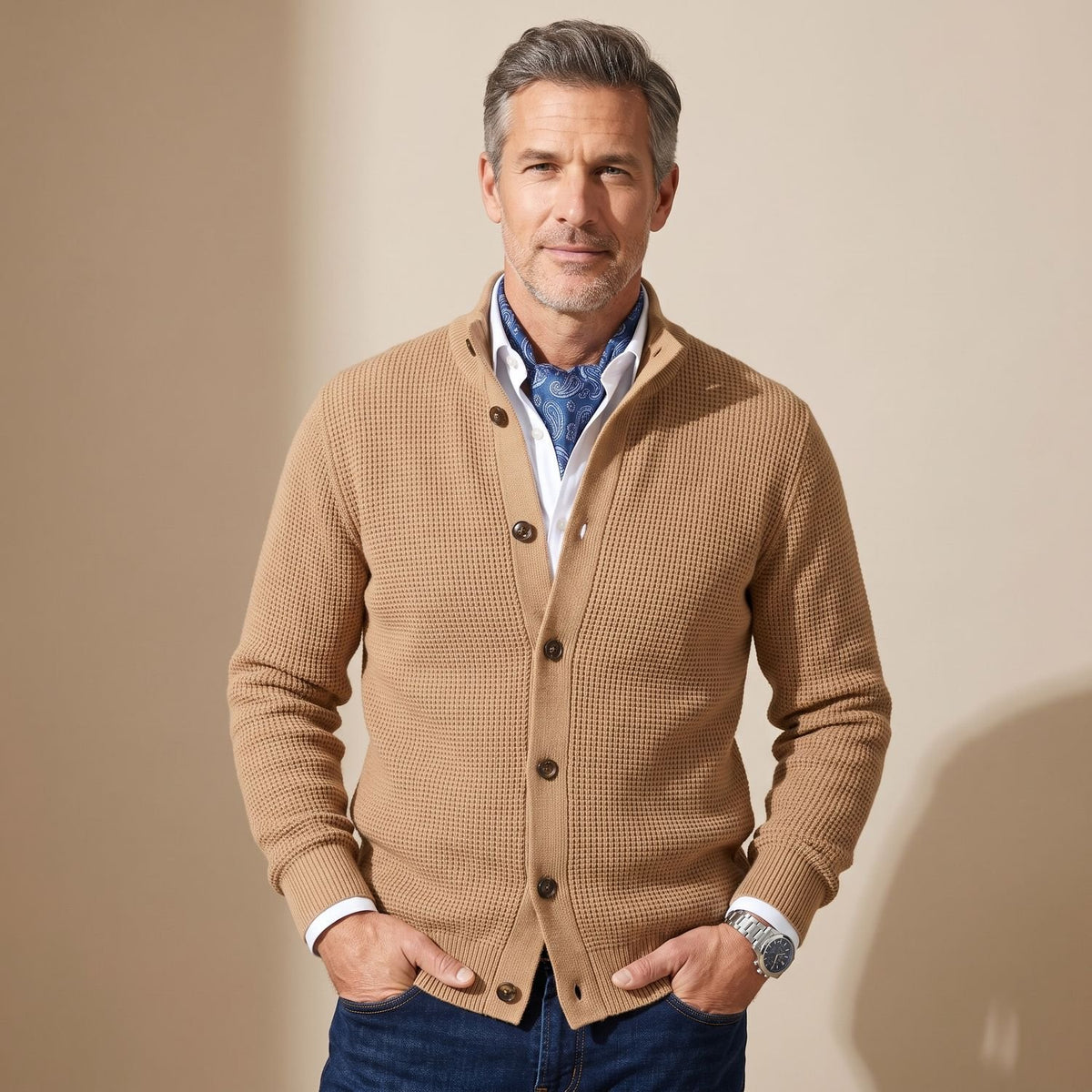 Men's Stand-Collar Button-Front Knit Cardigan, Black - Beige