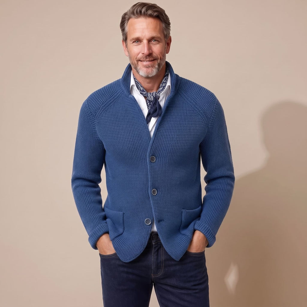 Men's Stand-Collar Button-Front Knit Cardigan, Black - Blue
