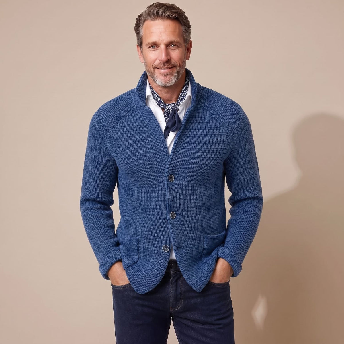 Men's Stand-Collar Button-Front Knit Cardigan, Black - Blue