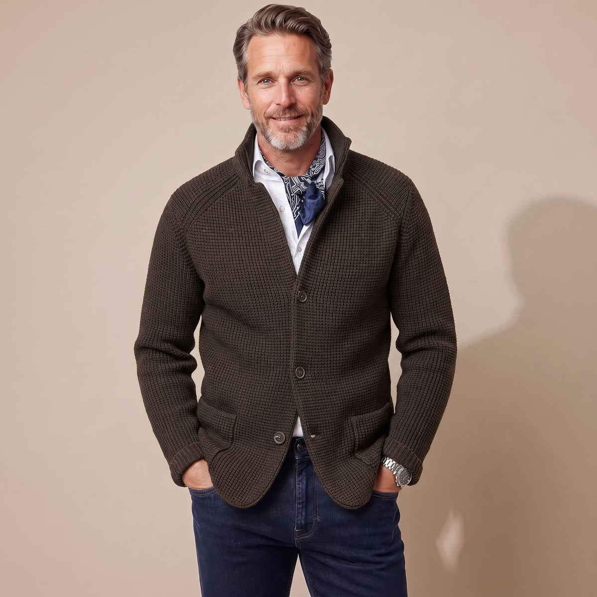 Men's Stand-Collar Button-Front Knit Cardigan, Black - Brown