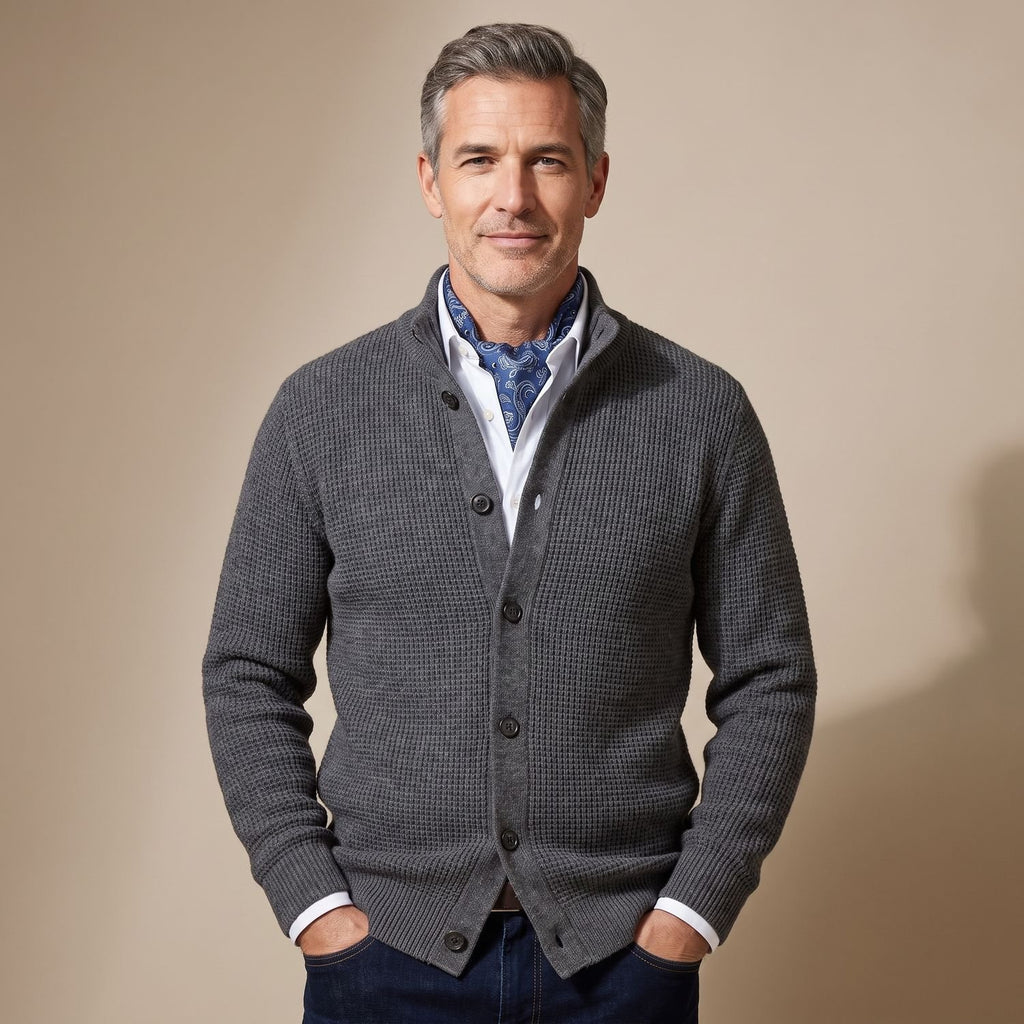 Men's Stand-Collar Button-Front Knit Cardigan, Black - Gray