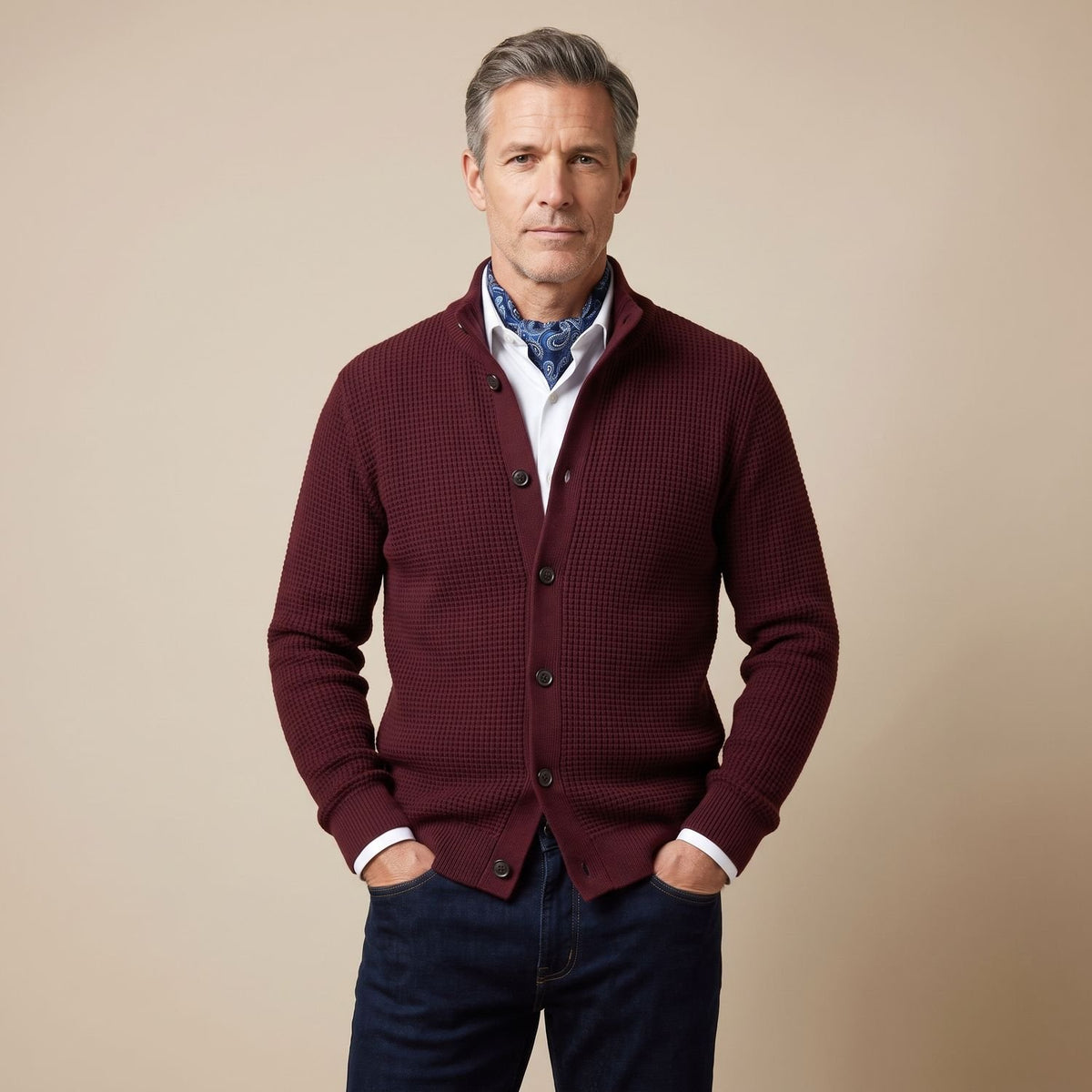 Men's Stand-Collar Button-Front Knit Cardigan, Black - Red