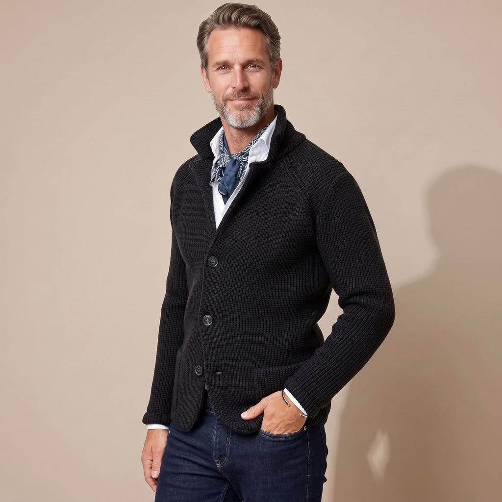Men's Stand-Collar Button-Front Knit Cardigan, Black