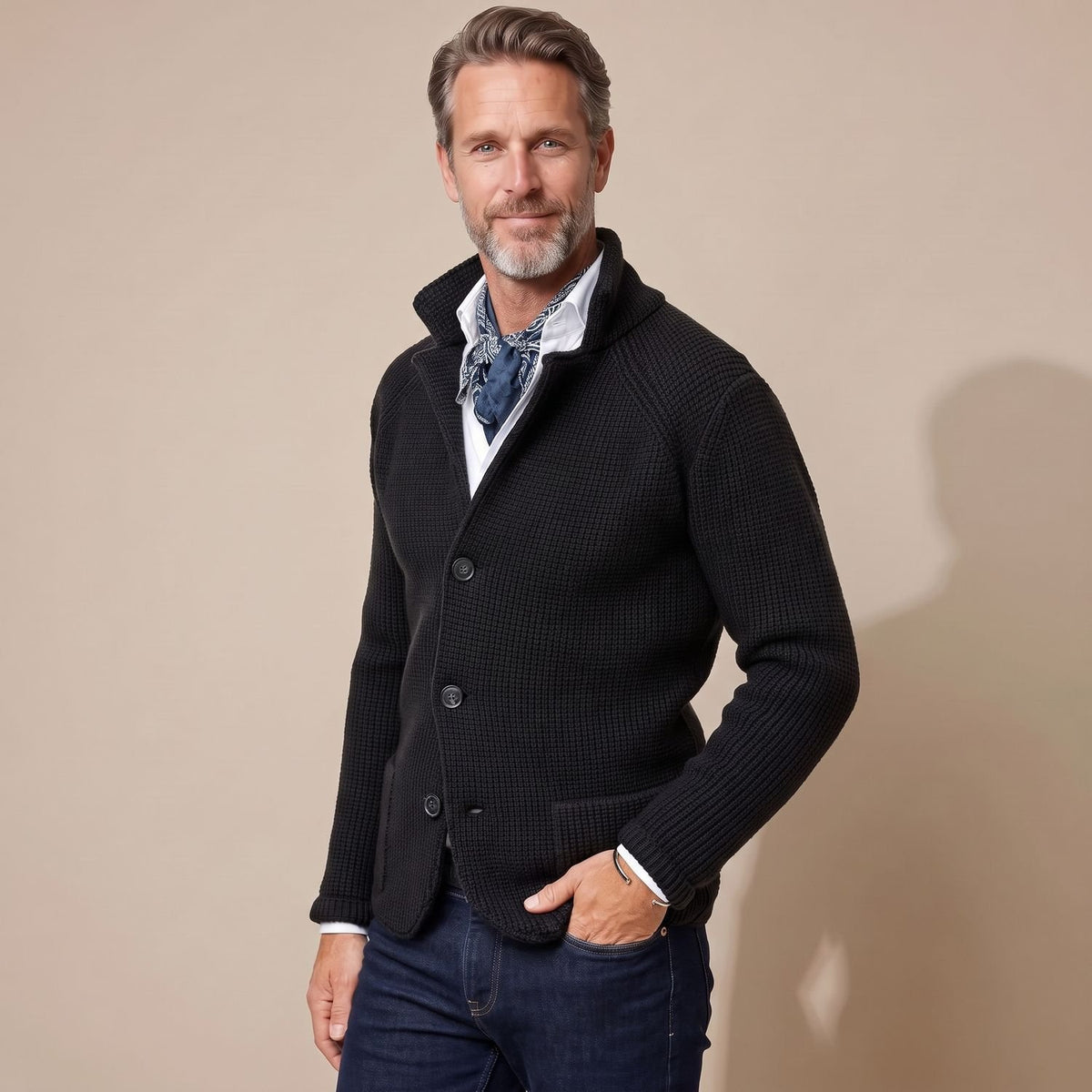 Men's Stand-Collar Button-Front Knit Cardigan, Black