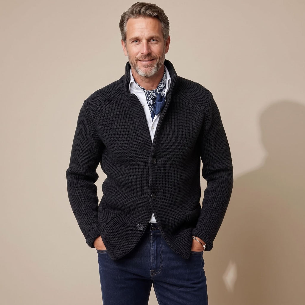 Men's Stand-Collar Button-Front Knit Cardigan, Black