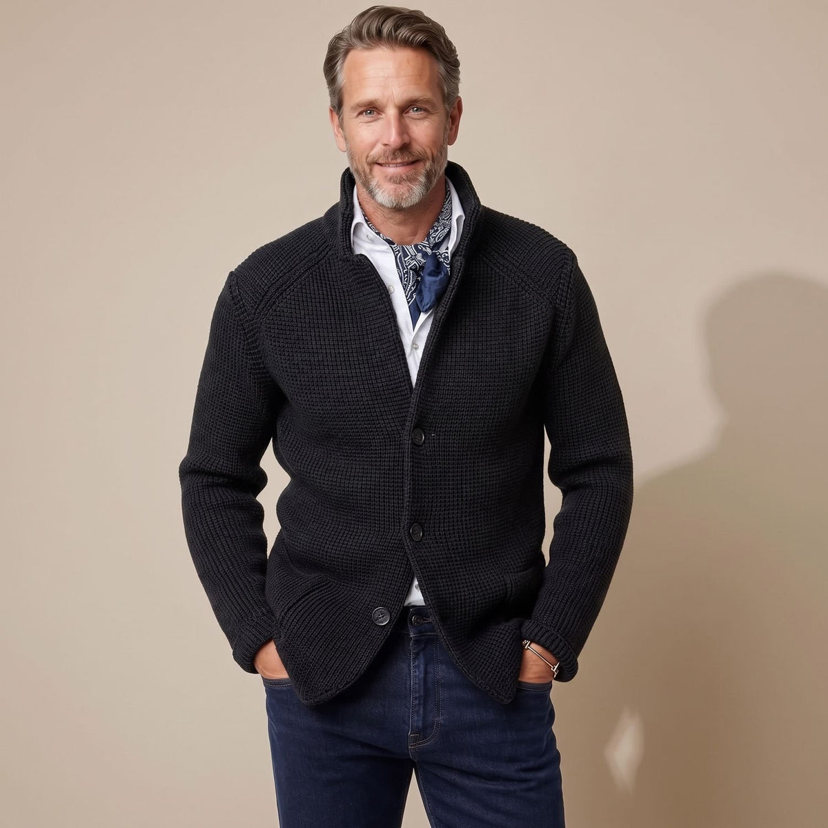 Men's Stand-Collar Button-Front Knit Cardigan, Black