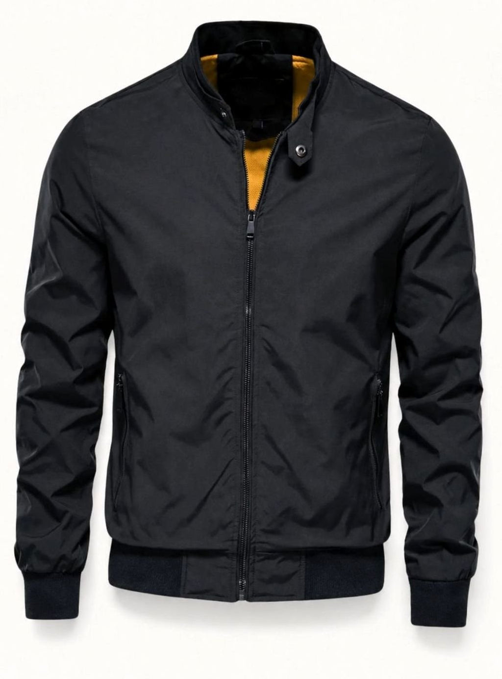Men's Stand Collar Gold-Lined Zip-Up Bomber Jacket - Black