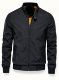 Men's Stand Collar Gold-Lined Zip-Up Bomber Jacket - Black