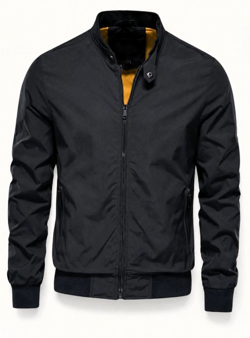 Men's Stand Collar Gold-Lined Zip-Up Bomber Jacket - Black