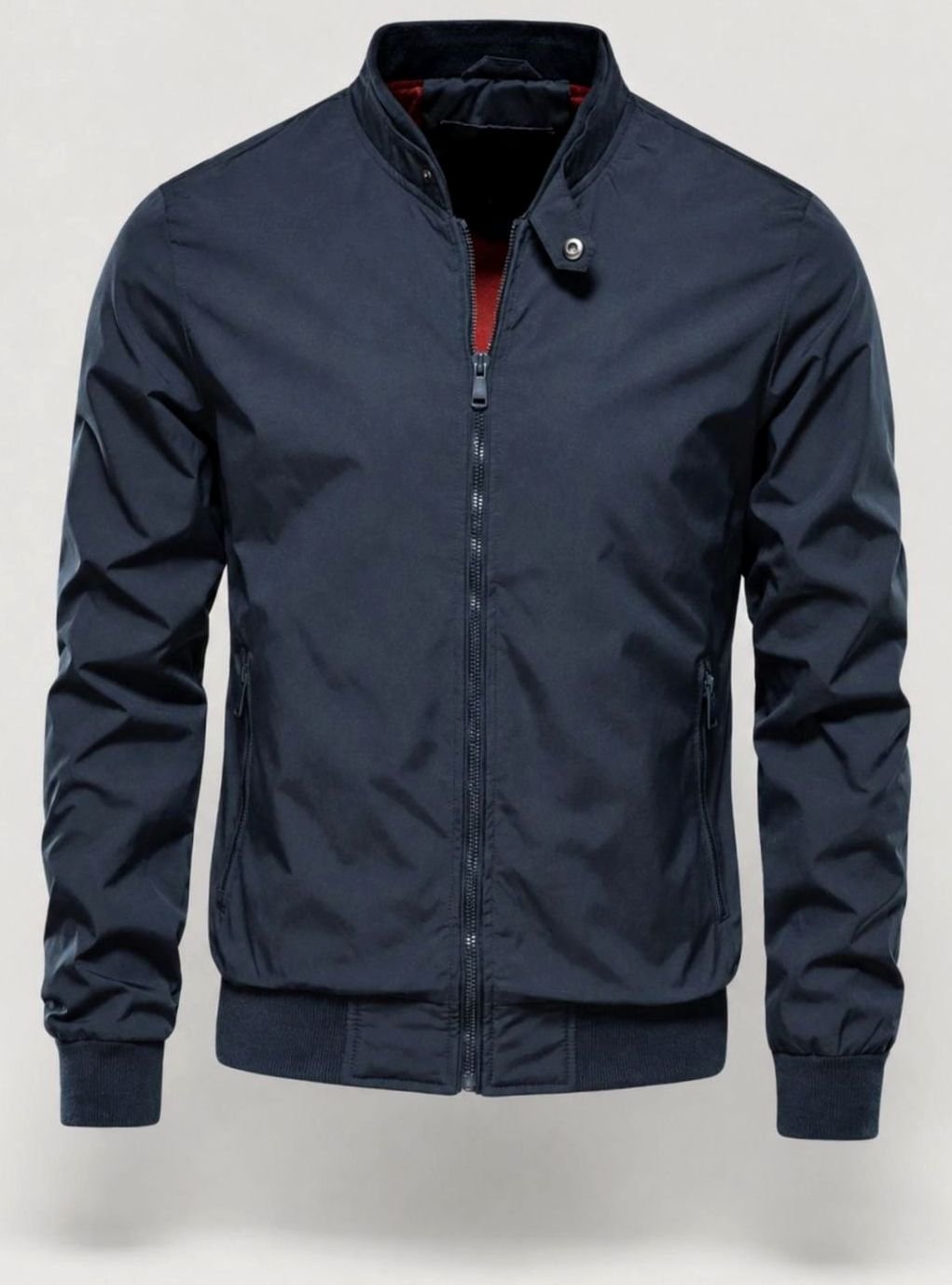Men's Stand Collar Gold-Lined Zip-Up Bomber Jacket - Navy Blue