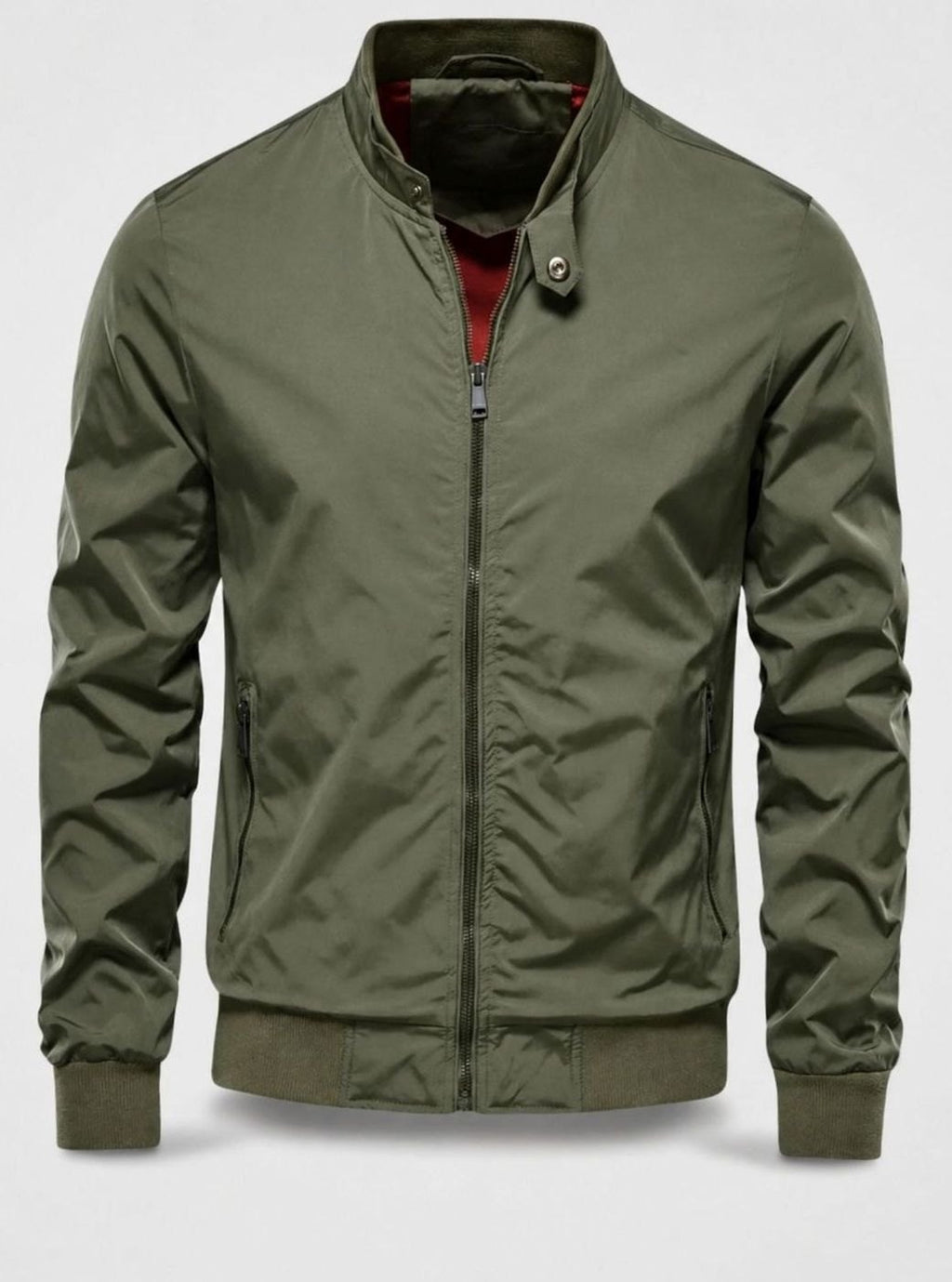 Men's Stand Collar Gold-Lined Zip-Up Bomber Jacket - Green