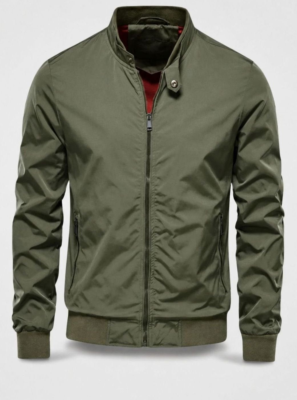 Men's Stand Collar Gold-Lined Zip-Up Bomber Jacket - Green