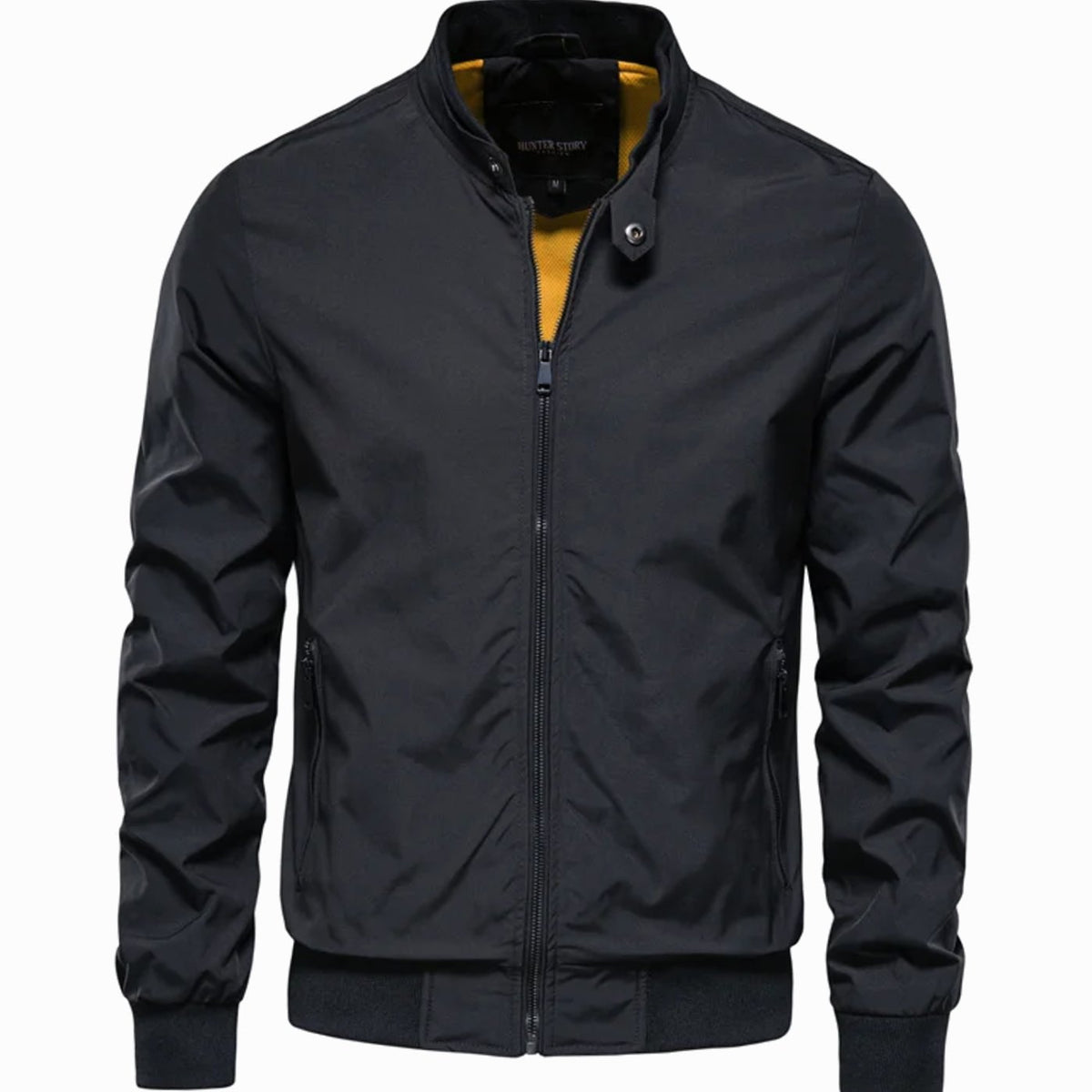 Men's Streetwear Full-Zip Bomber Jacket Stand Collar - Black