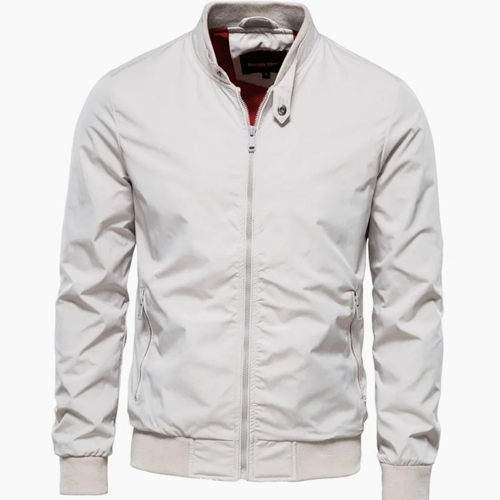 Men's Streetwear Full-Zip Bomber Jacket Stand Collar - White