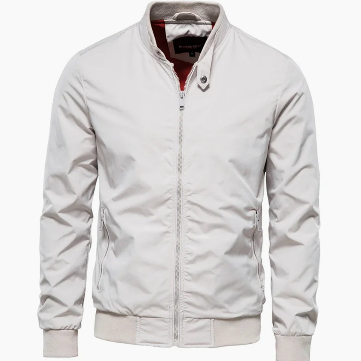 Men's Streetwear Full-Zip Bomber Jacket Stand Collar - White