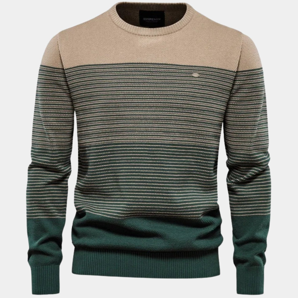 Men's Striped Color-Block Crew Neck Pullover Sweater - Green