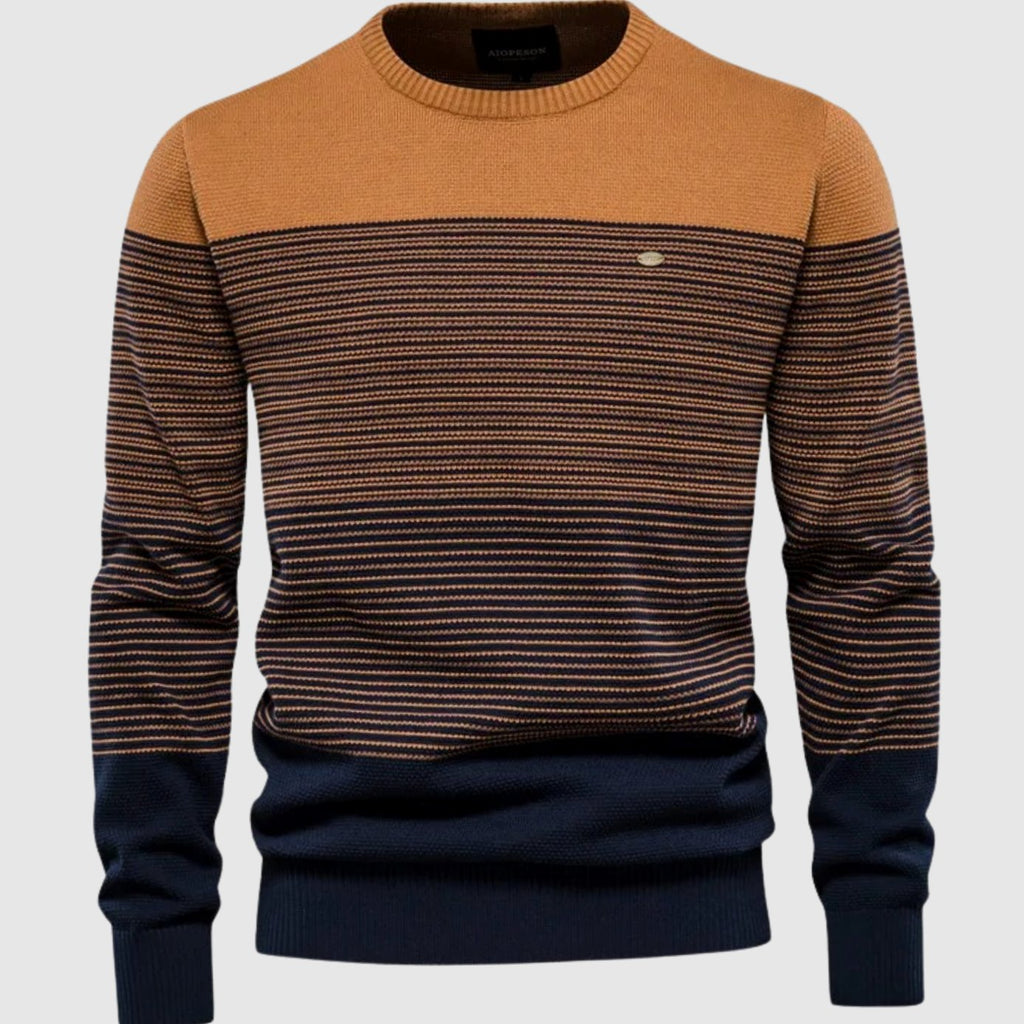 Men's Striped Color-Block Crew Neck Pullover Sweater - Orange