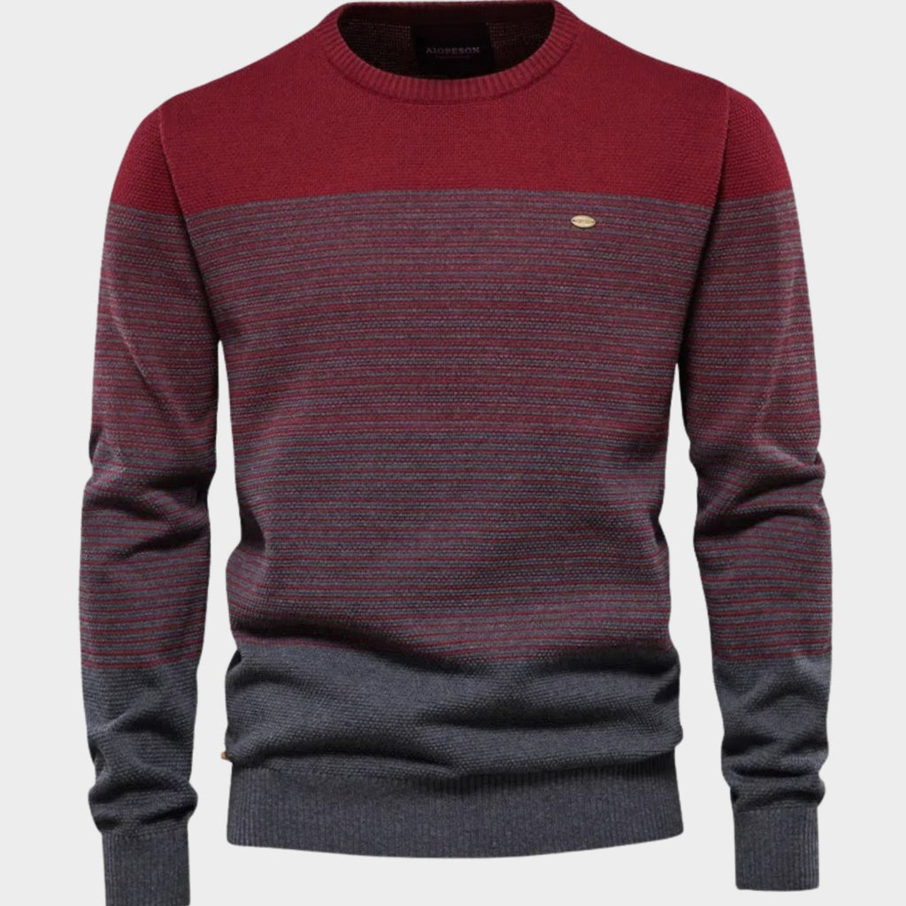 Men's Striped Color-Block Crew Neck Pullover Sweater - Red