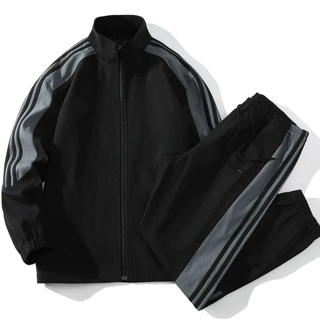 Men's Striped Two-Piece Zip-Up Tracksuit Jogger Set - Black