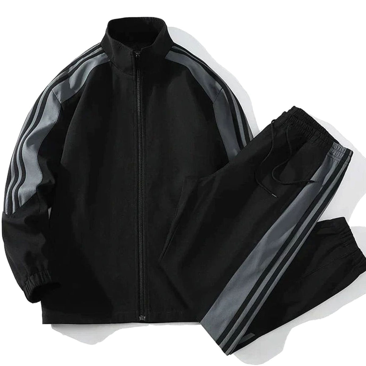 Men's Striped Two-Piece Zip-Up Tracksuit Jogger Set - Black