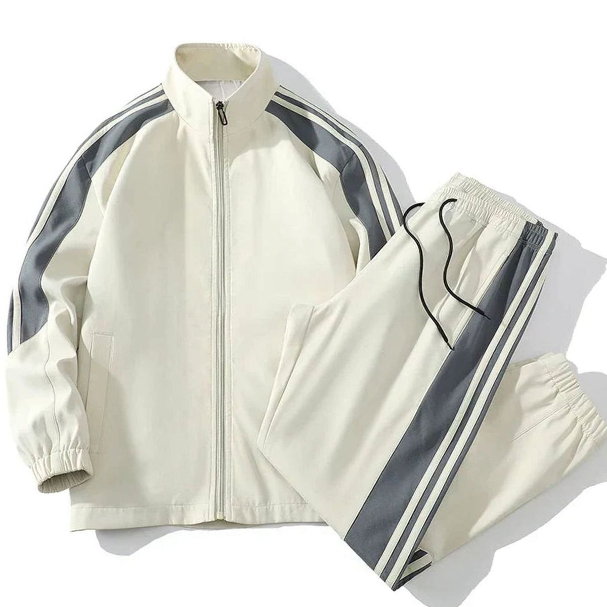 Men's Striped Two-Piece Zip-Up Tracksuit Jogger Set - White
