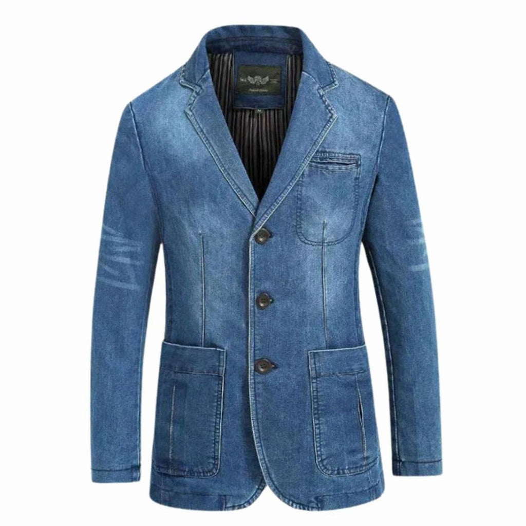 Men's Structured Notch-Lapel Three-Button Denim Blazer - Light Blue