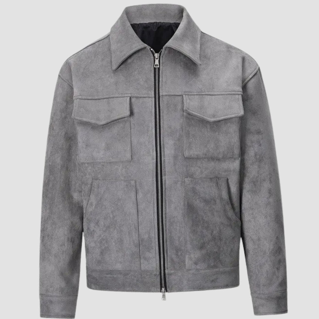 Men's Suede-Look Zip-Up Trucker Jacket Multi-Pocket - Gray