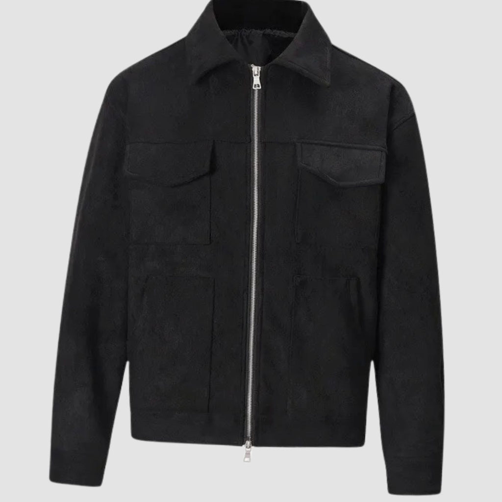 Men's Suede-Look Zip-Up Trucker Jacket Multi-Pocket - Black