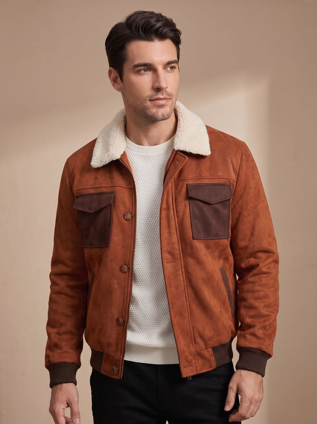 Men's Suede Sherpa-Lined Bomber Jacket Vintage Style