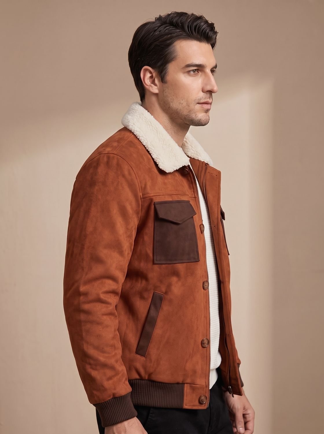 Men's Suede Sherpa-Lined Bomber Jacket Vintage Style