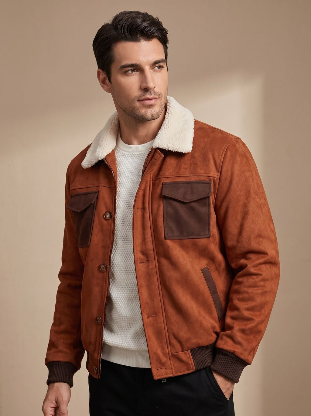 Men's Suede Sherpa-Lined Bomber Jacket Vintage Style
