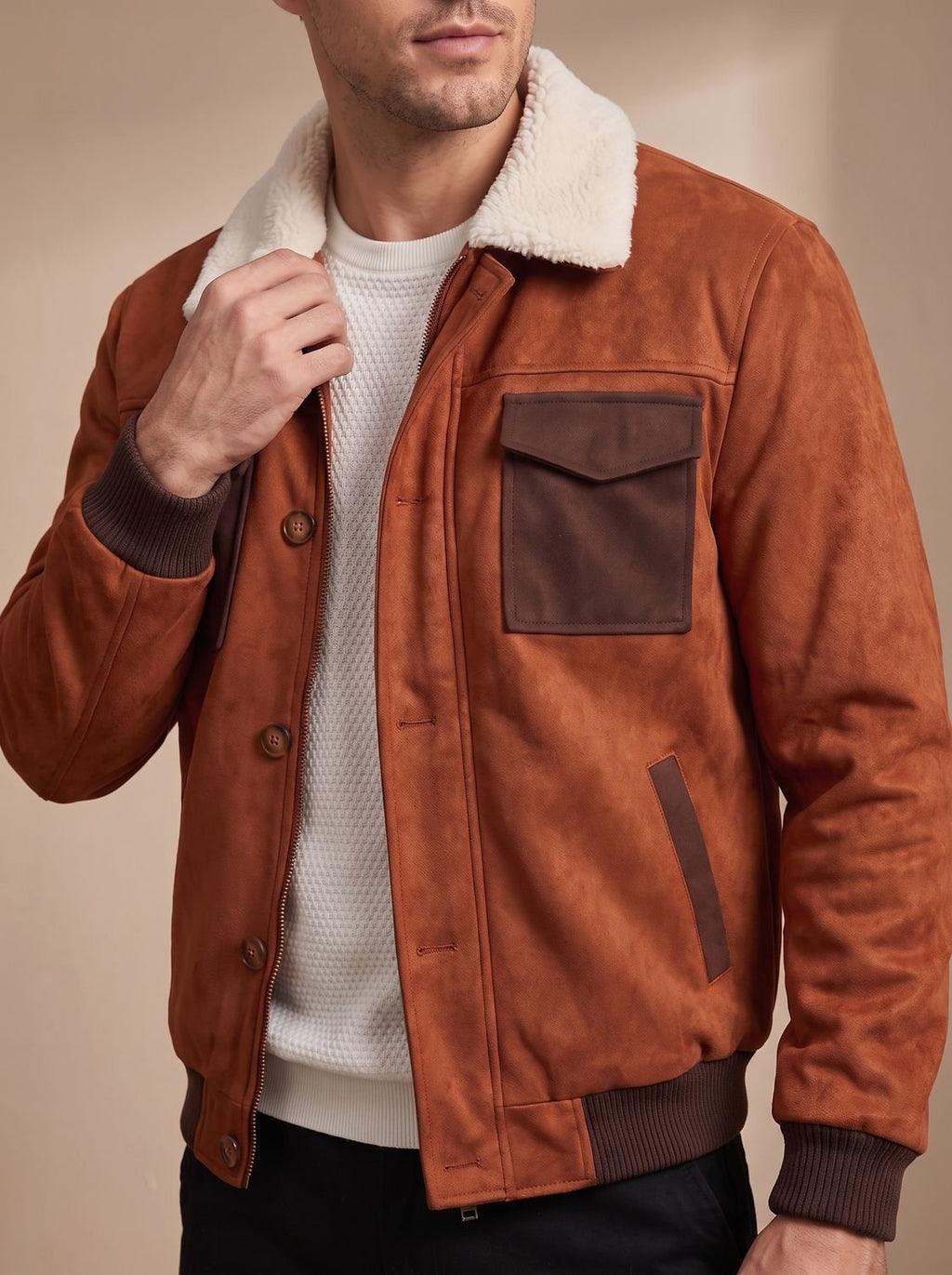 Men's Suede Sherpa-Lined Bomber Jacket Vintage Style