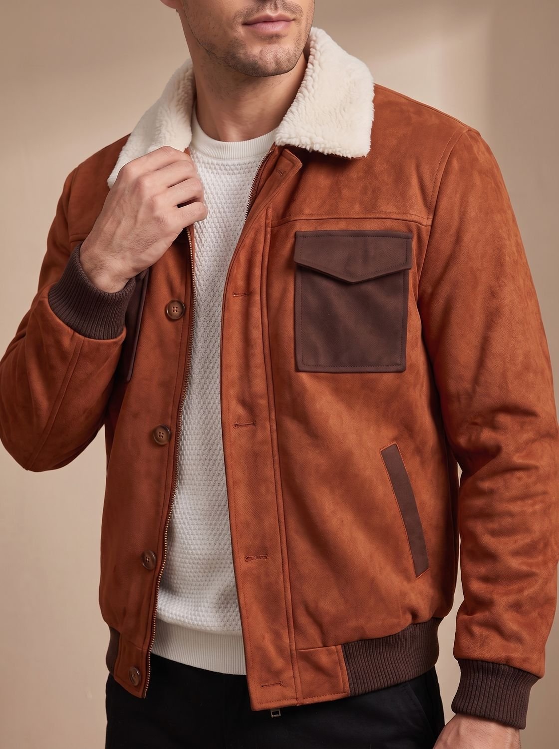 Men's Suede Sherpa-Lined Bomber Jacket Vintage Style