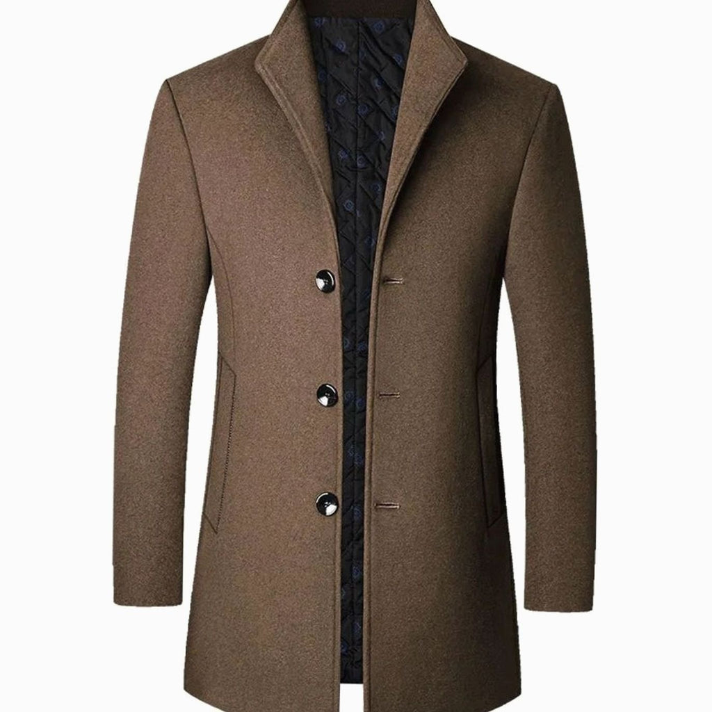 Men's Tailored Button-Front Long Overcoat Stand Collar - Brown