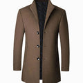 Men's Tailored Button-Front Long Overcoat Stand Collar - Brown
