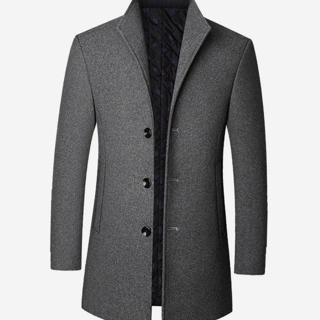 Men's Tailored Button-Front Long Overcoat Stand Collar - Gray