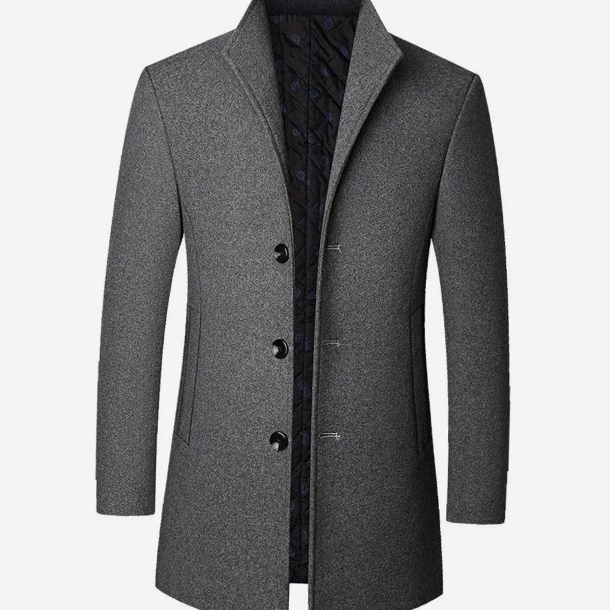 Men's Tailored Button-Front Long Overcoat Stand Collar - Gray