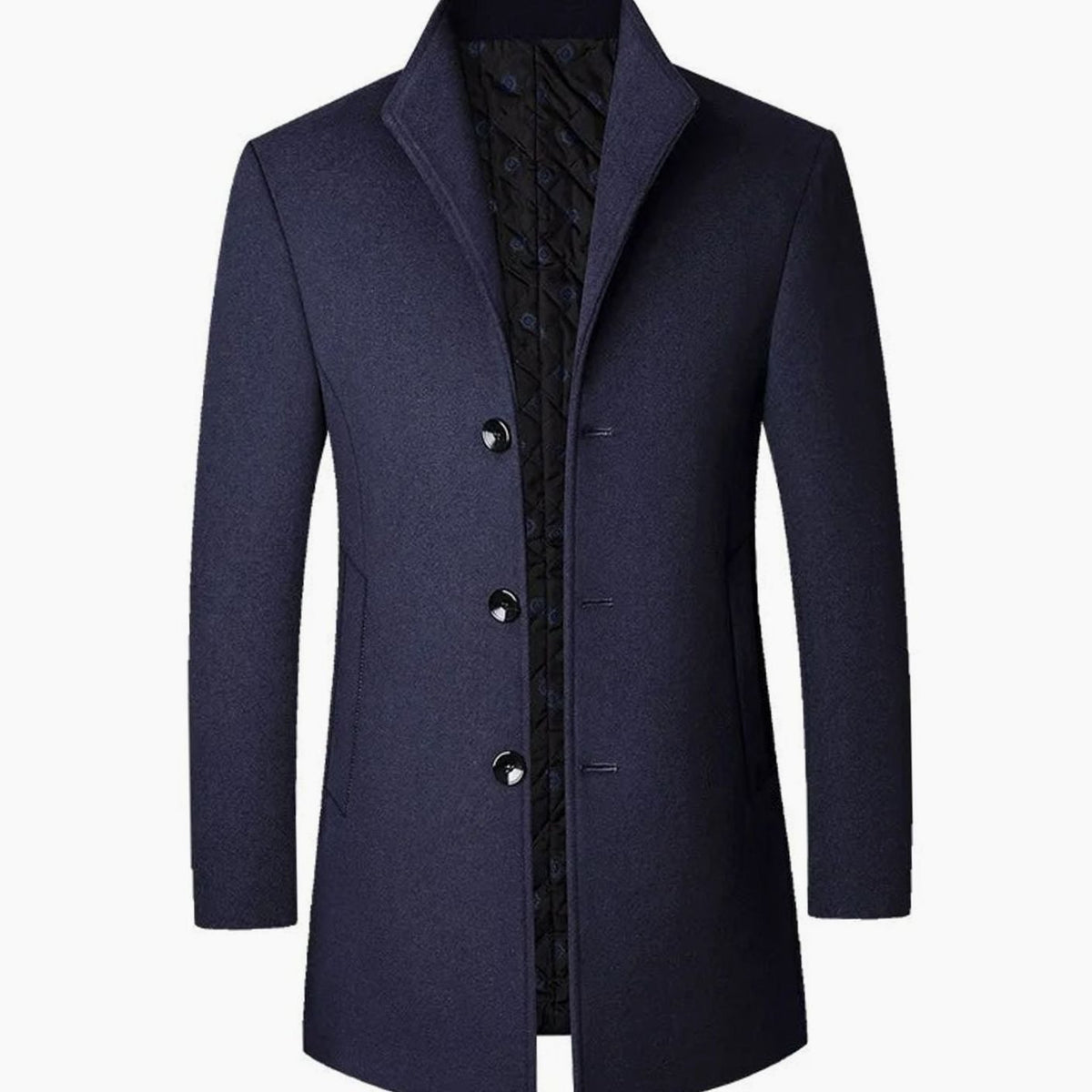 Men's Tailored Button-Front Long Overcoat Stand Collar - Navy Blue