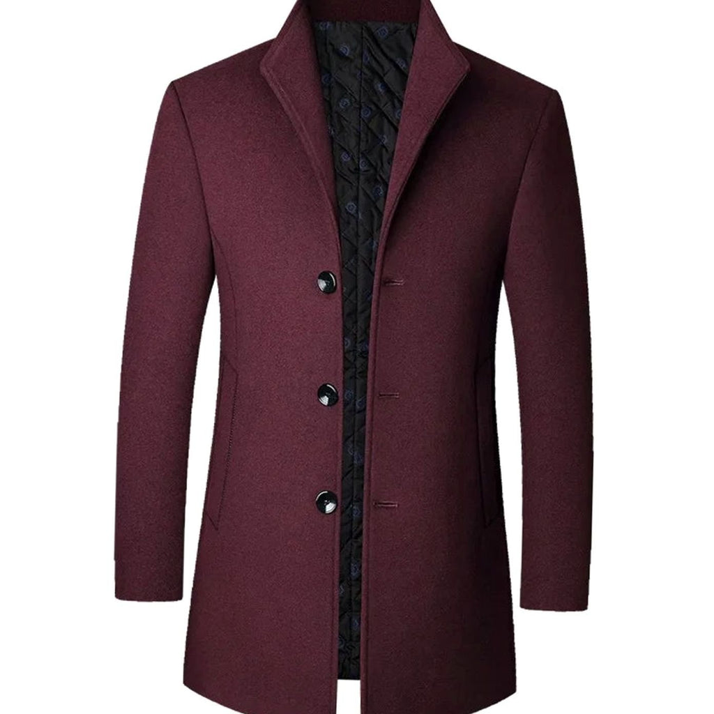 Men's Tailored Button-Front Long Overcoat Stand Collar - Burgundy