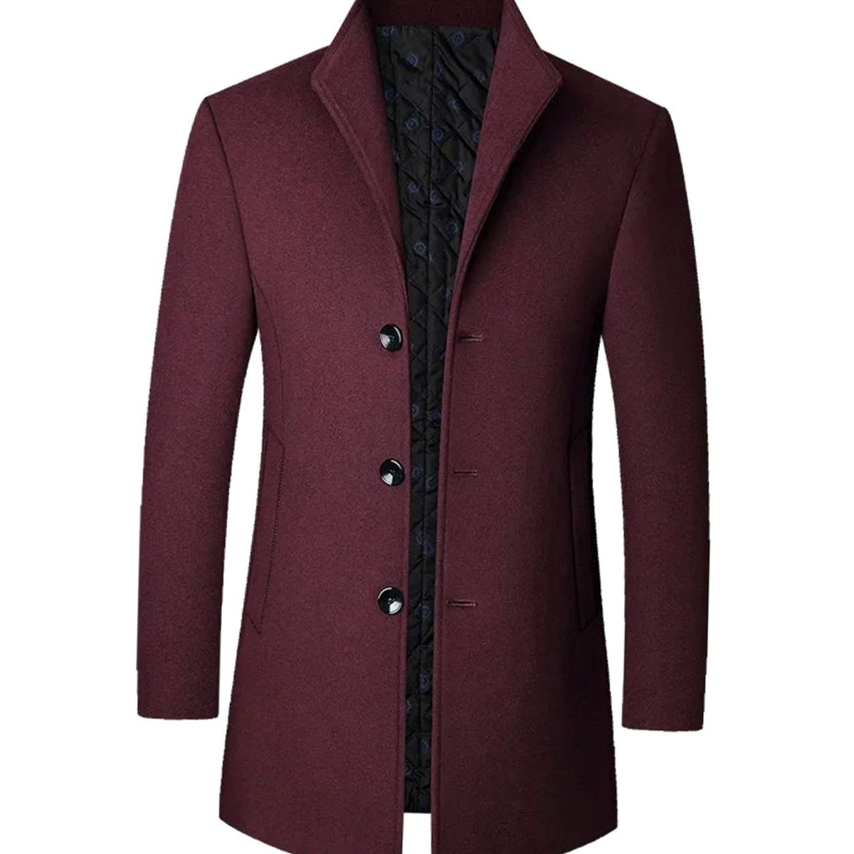 Men's Tailored Button-Front Long Overcoat Stand Collar - Burgundy