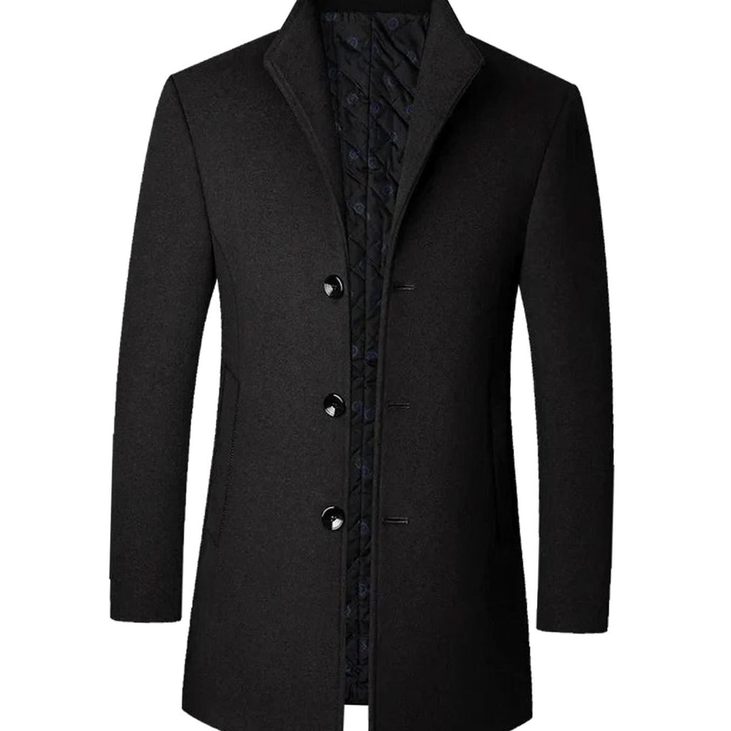 Men's Tailored Button-Front Long Overcoat Stand Collar - Black