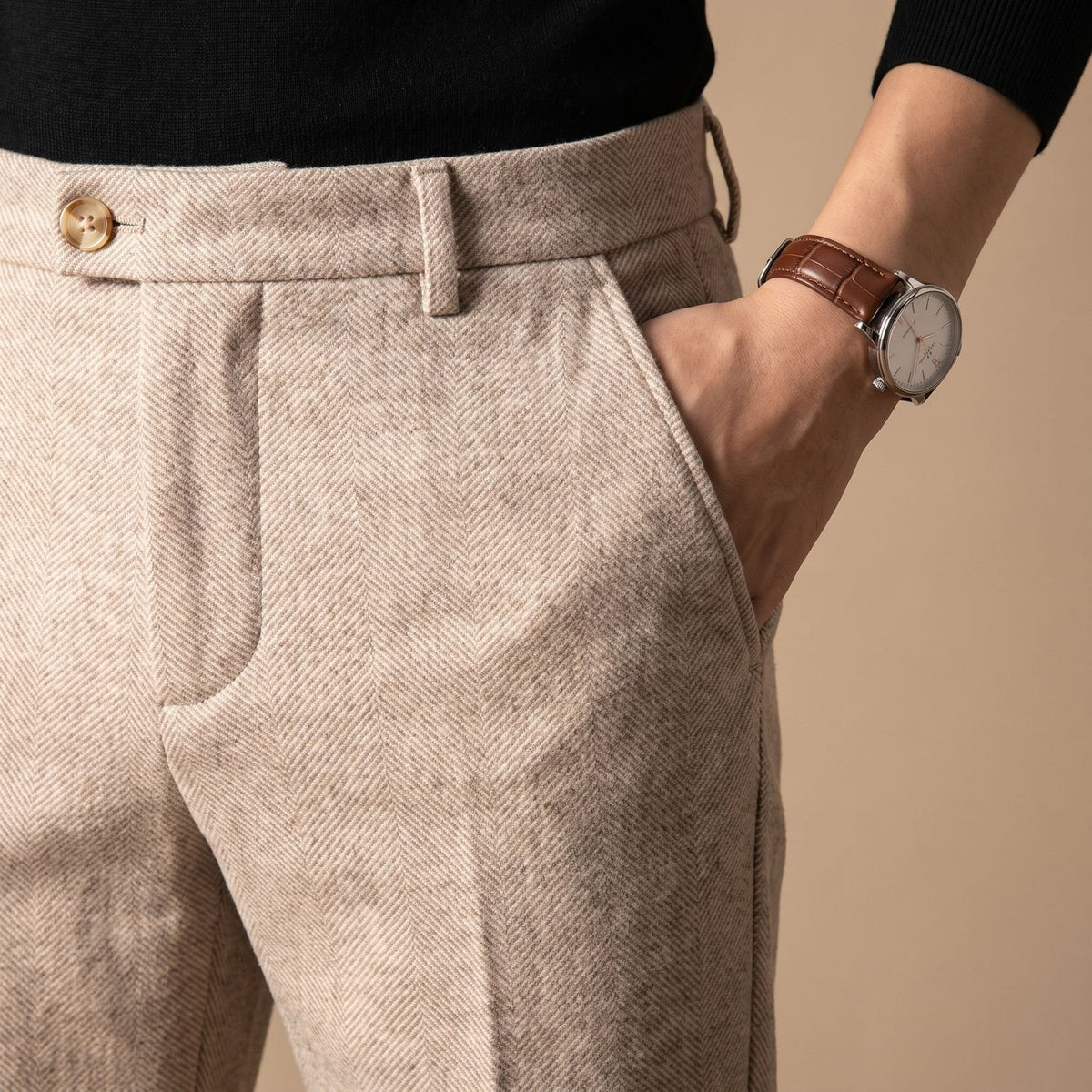 Men's Tailored Herringbone Wool Dress Pants
