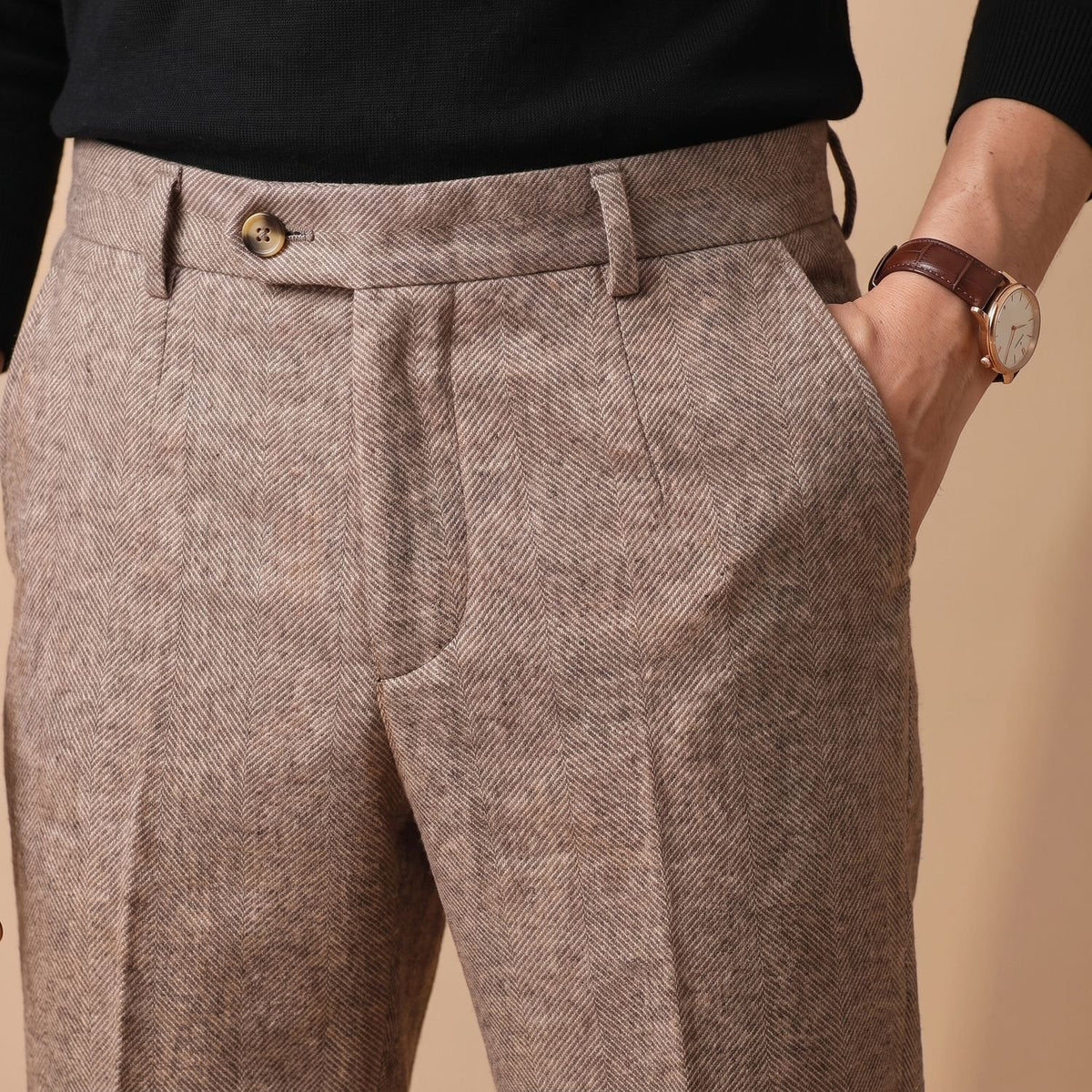 Men's Tailored Herringbone Wool Dress Pants