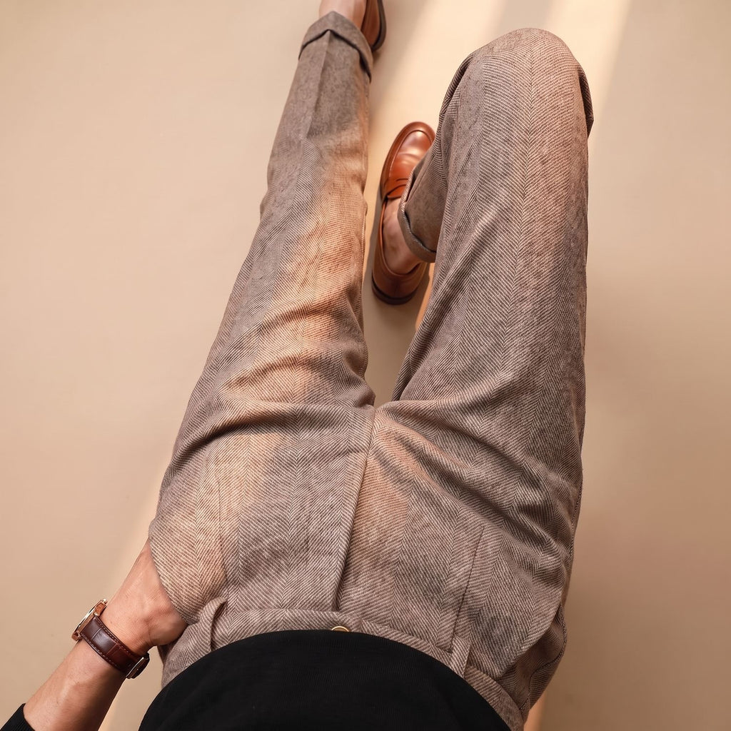 Men's Tailored Herringbone Wool Dress Pants