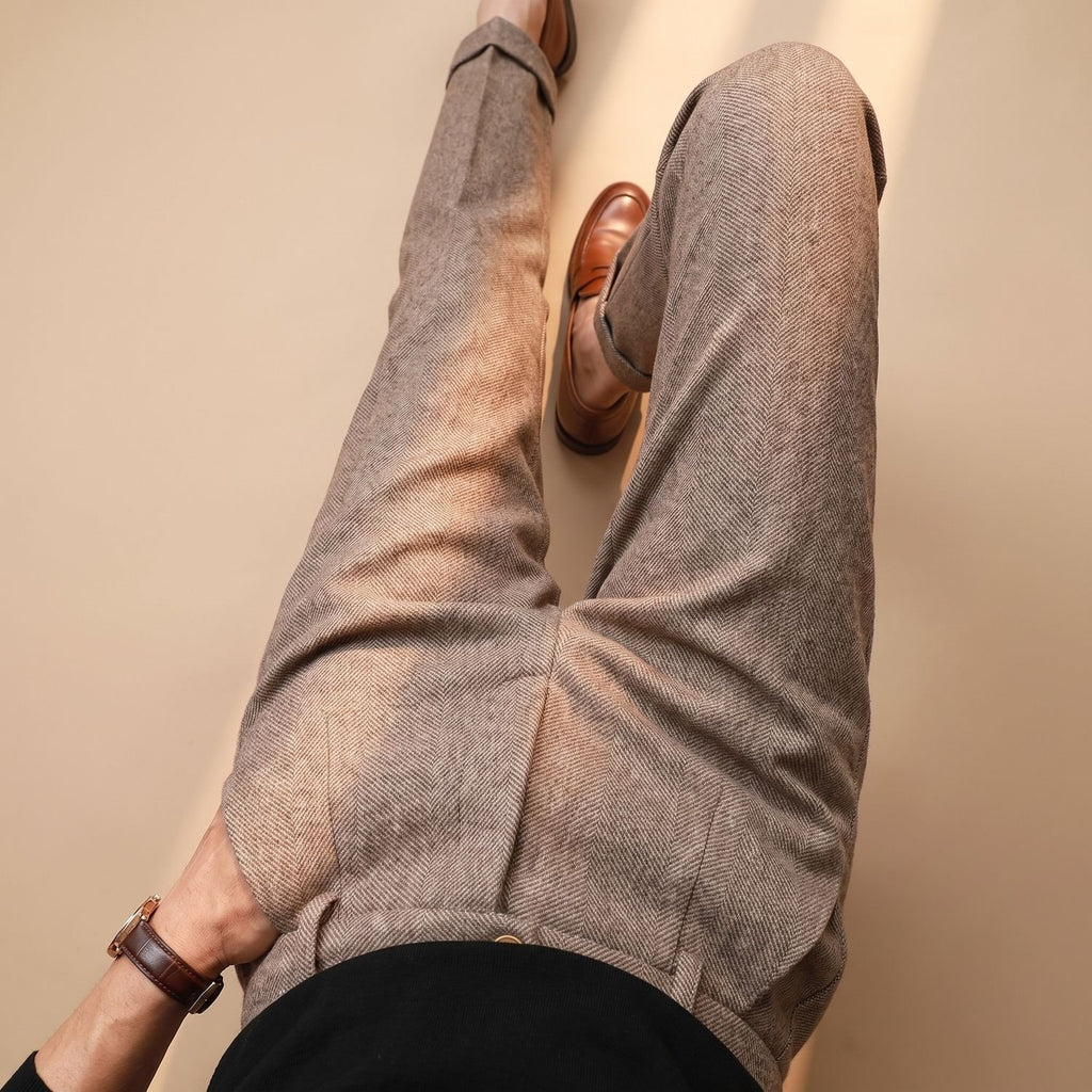 Men's Tailored Herringbone Wool Dress Pants