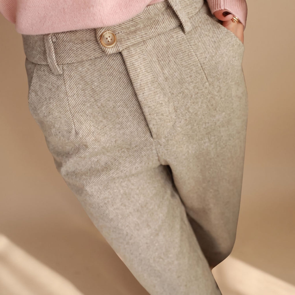 Men's Tailored Herringbone Wool Dress Pants - Beige