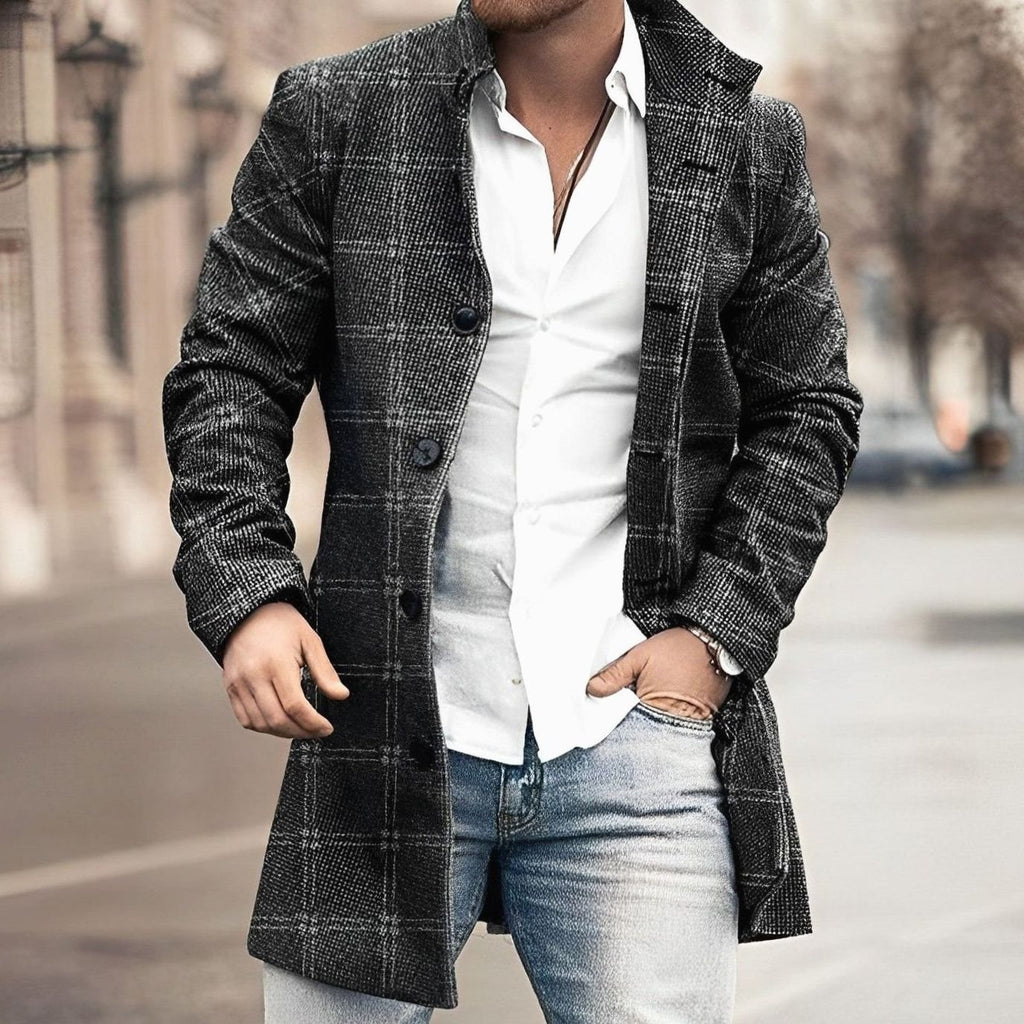 Men's Tailored Long Button Up Coat Houndstooth Overcoat - Black