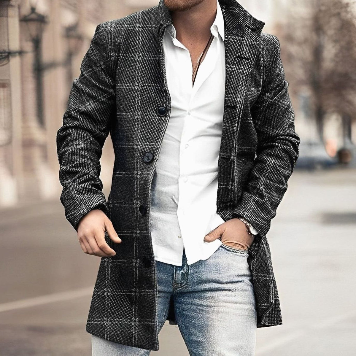 Men's Tailored Long Button Up Coat Houndstooth Overcoat - Black