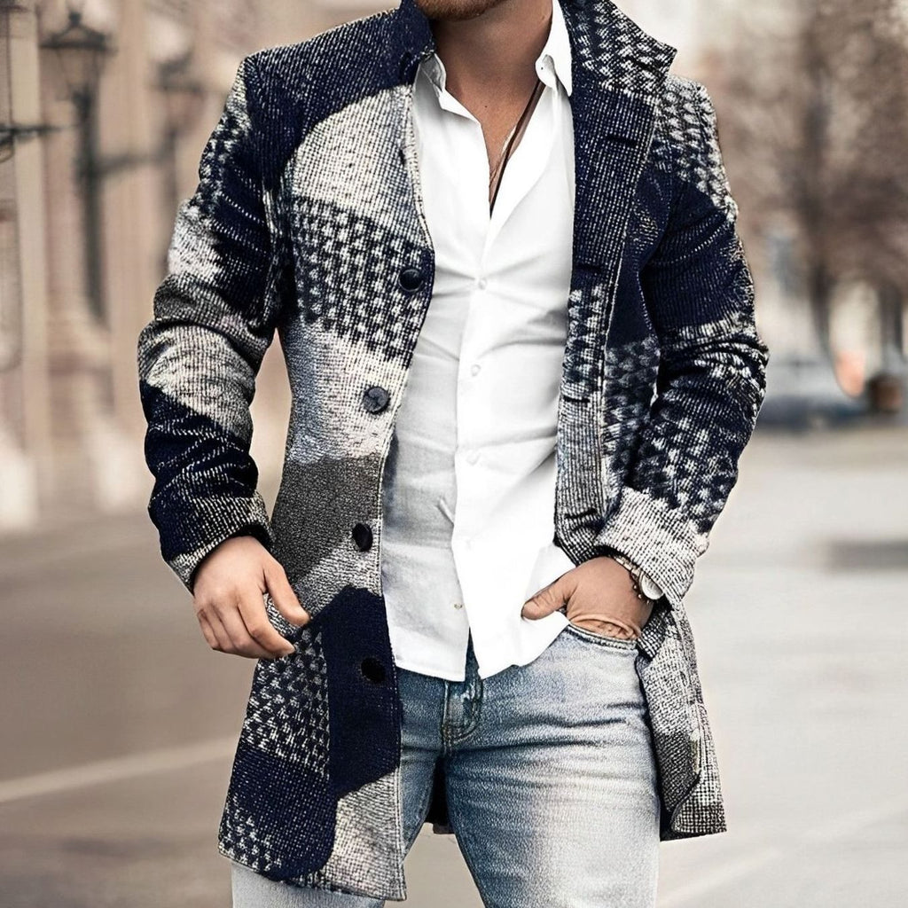 Men's Tailored Long Button Up Coat Houndstooth Overcoat - Dark Blue